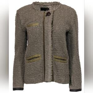 Isabel Marant Taupe Boucle Tweed Woven Snap Button Leather Trim Coat Jacket 0